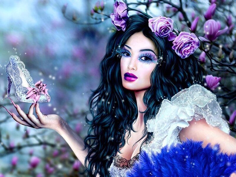 Woman with Purple Flowers — Fantasy, Spring, Digital Art