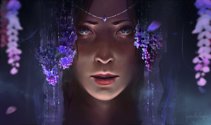 Woman with Purple Flowers — Mysterious, Night, Digital Art