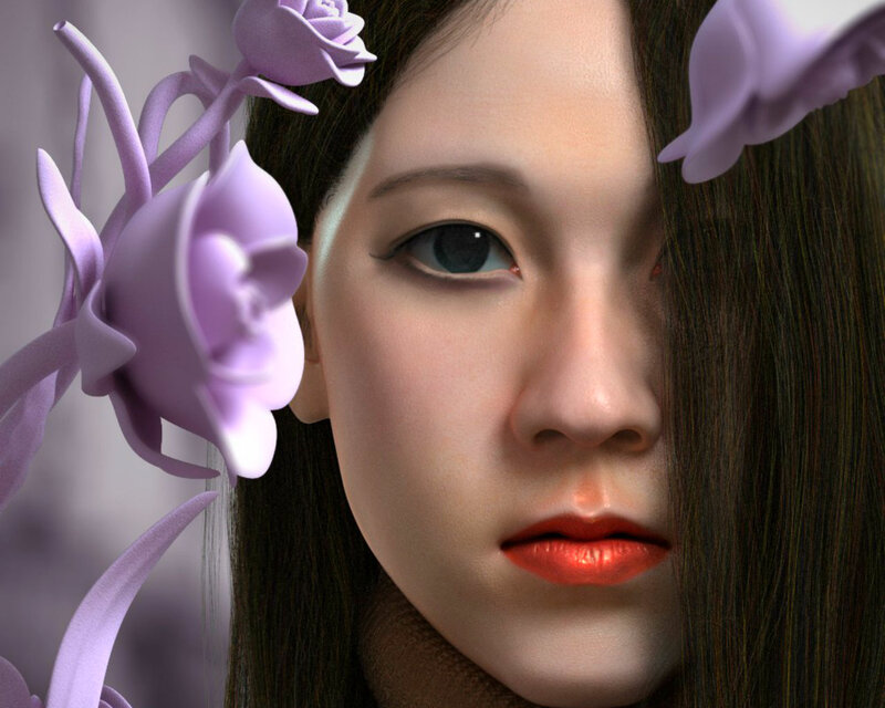 Woman with Purple Flowers — Serene, 3d Render