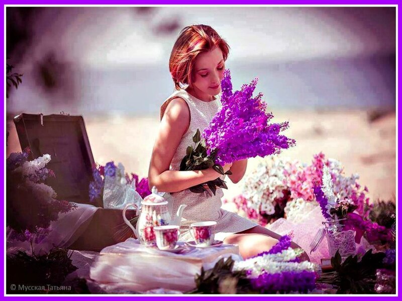 Woman with Purple Flowers — Serene, Afternoon, Photograph