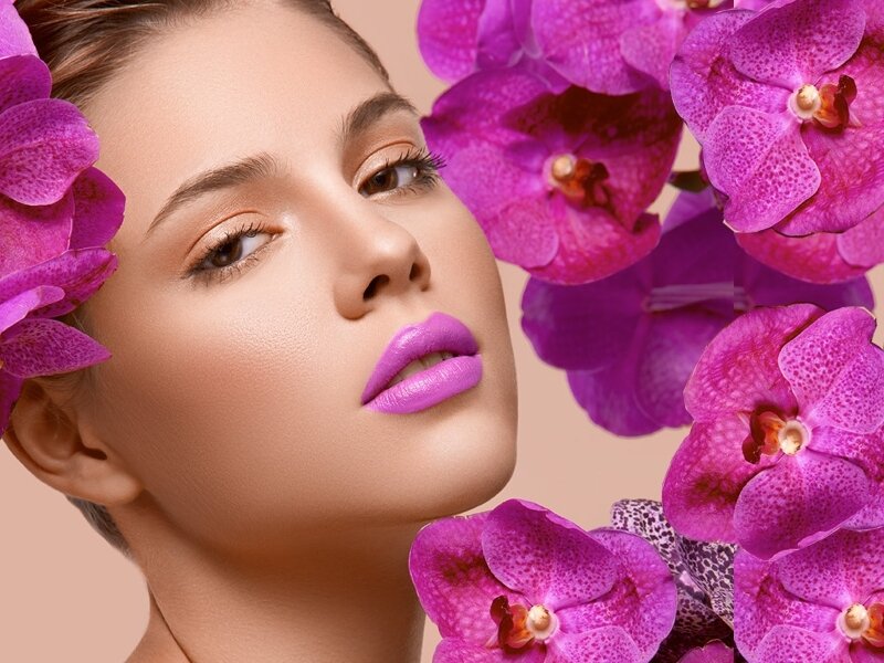 Woman with Purple Flowers — Serene, Photograph, Makeup