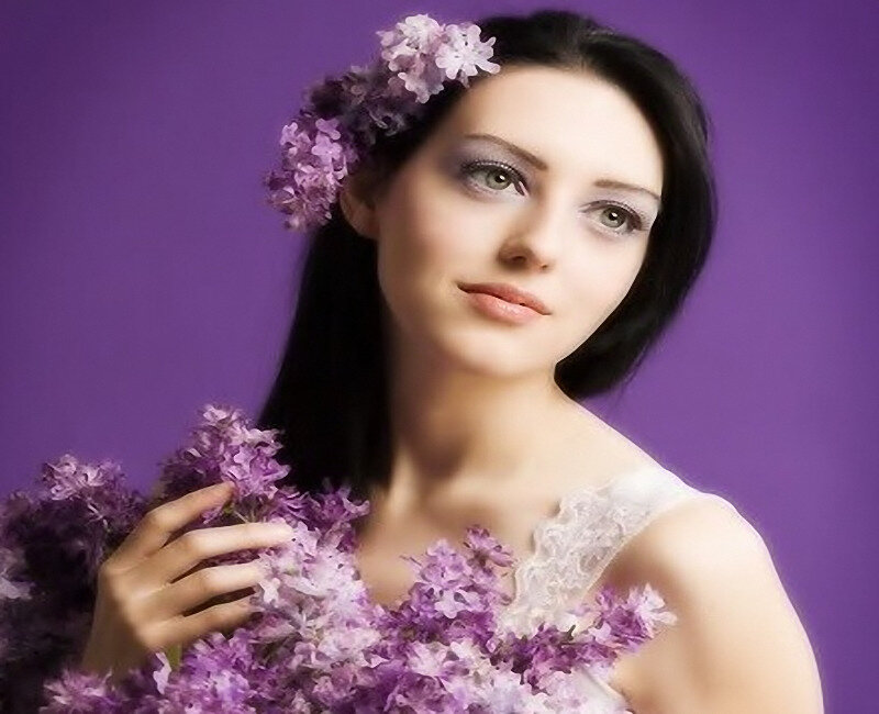 Woman with Purple Flowers — Serene, Photograph