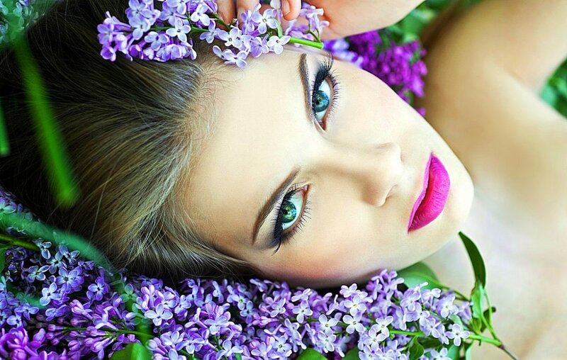Woman with Purple Flowers — Serene, Spring, Photograph, Eyes