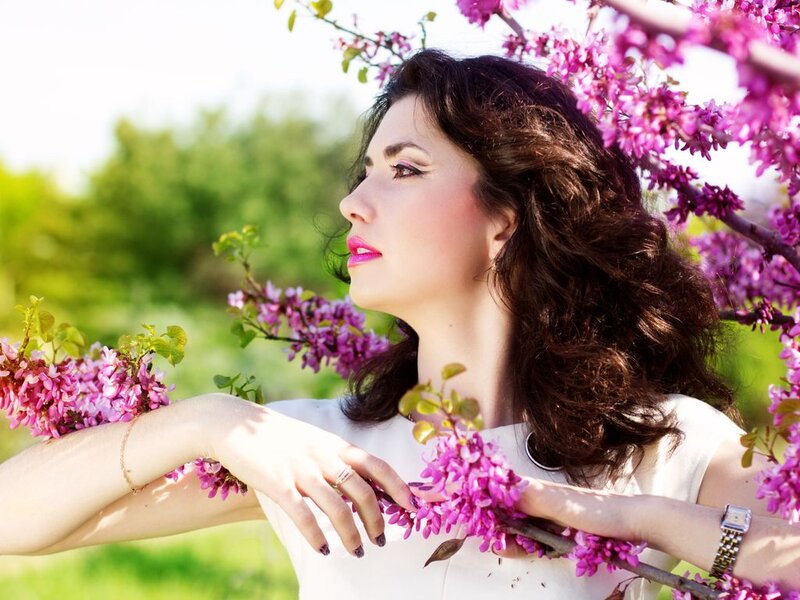Woman with Purple Flowers — Serene, Spring, Photograph
