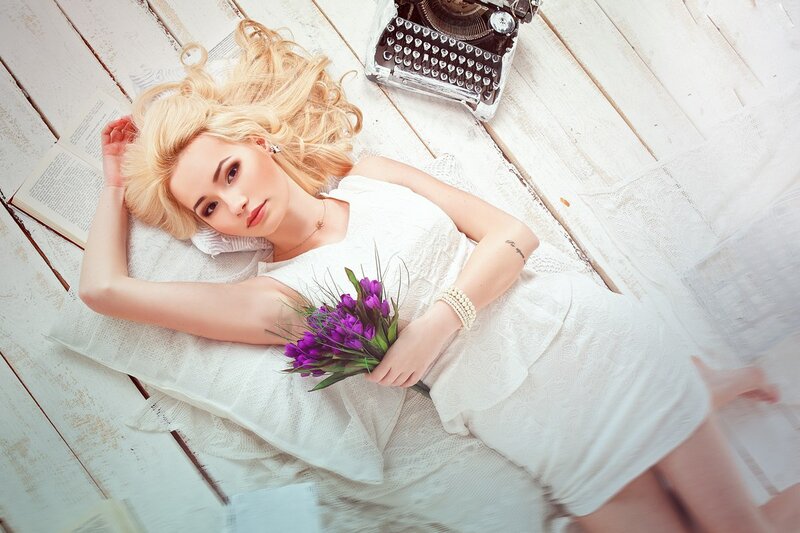 Woman with Purple Flowers — White