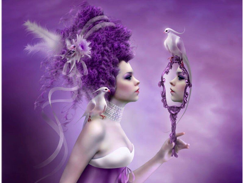 woman with purple hair and birds