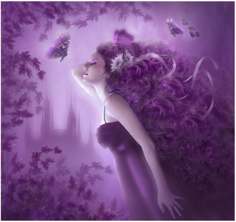 woman with purple hair and butterflies