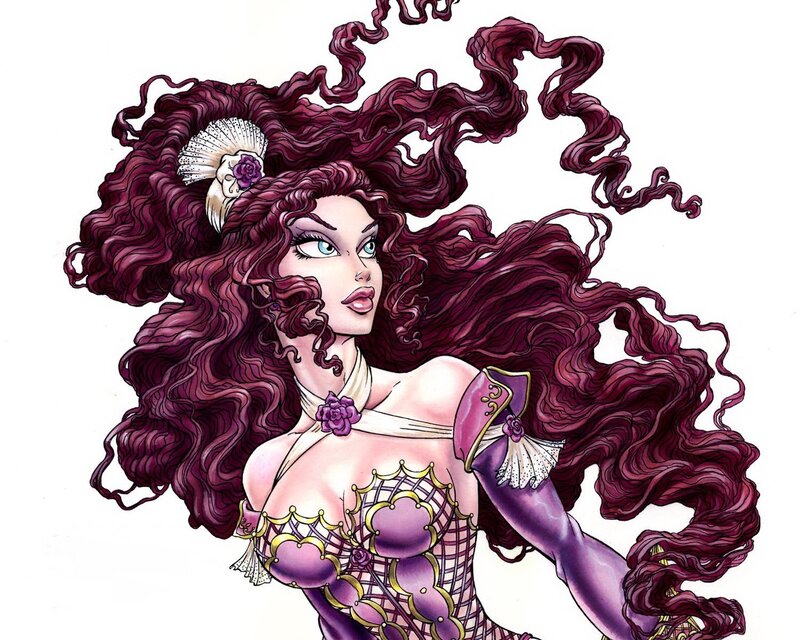 woman with purple hair and costume
