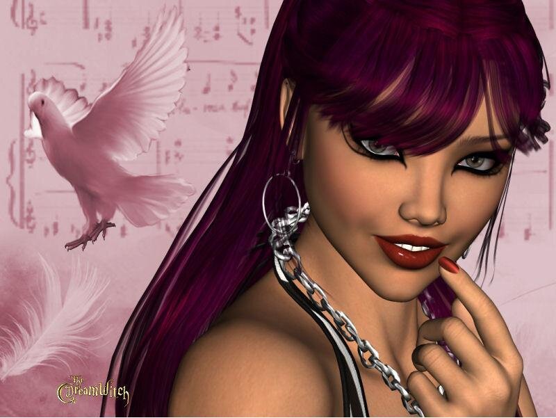 woman with purple hair and dove