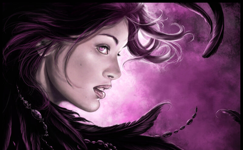 woman with purple hair and eyes