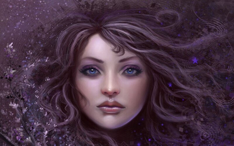 woman with purple hair and eyes