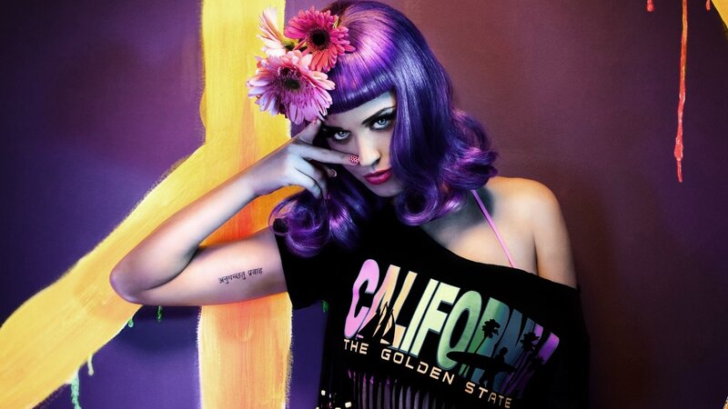 woman with purple hair and flowers