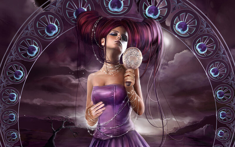 woman with purple hair and mirror