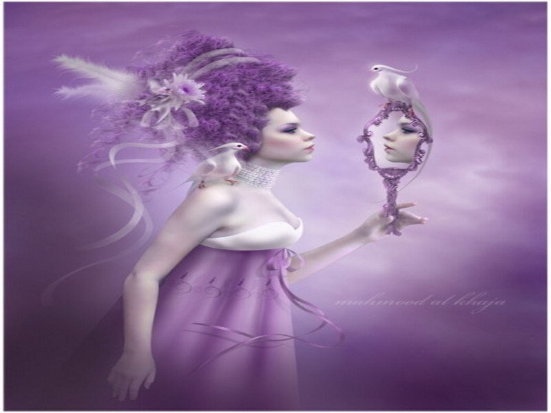 woman with purple hair and mirror