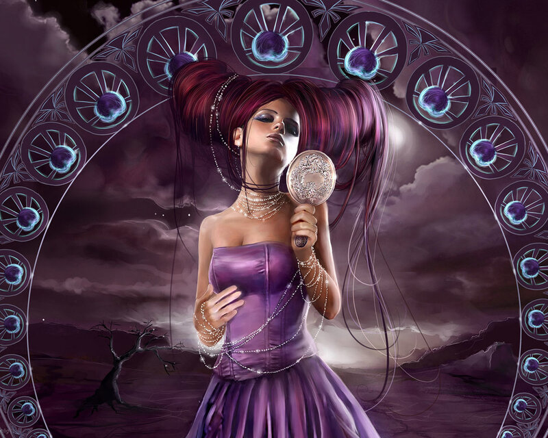 woman with purple hair and mirror
