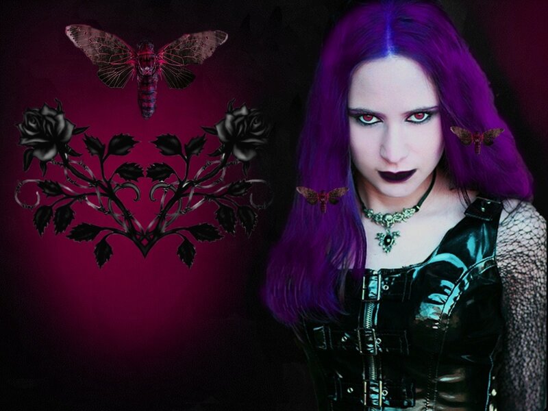 woman with purple hair and moths