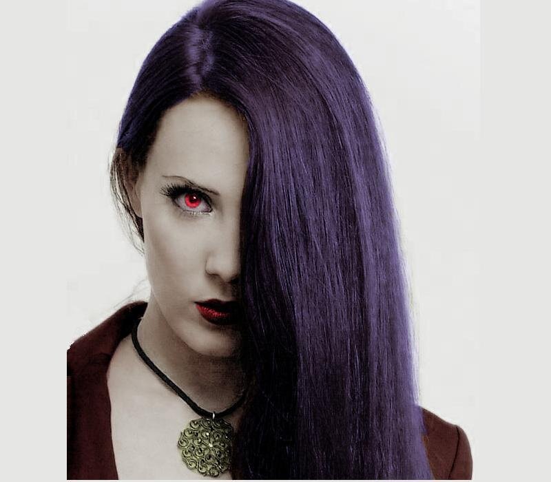 woman with purple hair and red eyes