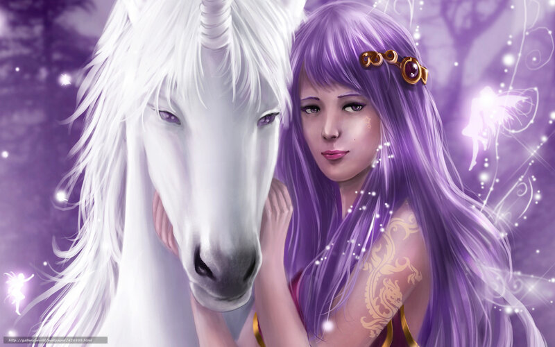 woman with purple hair and unicorn
