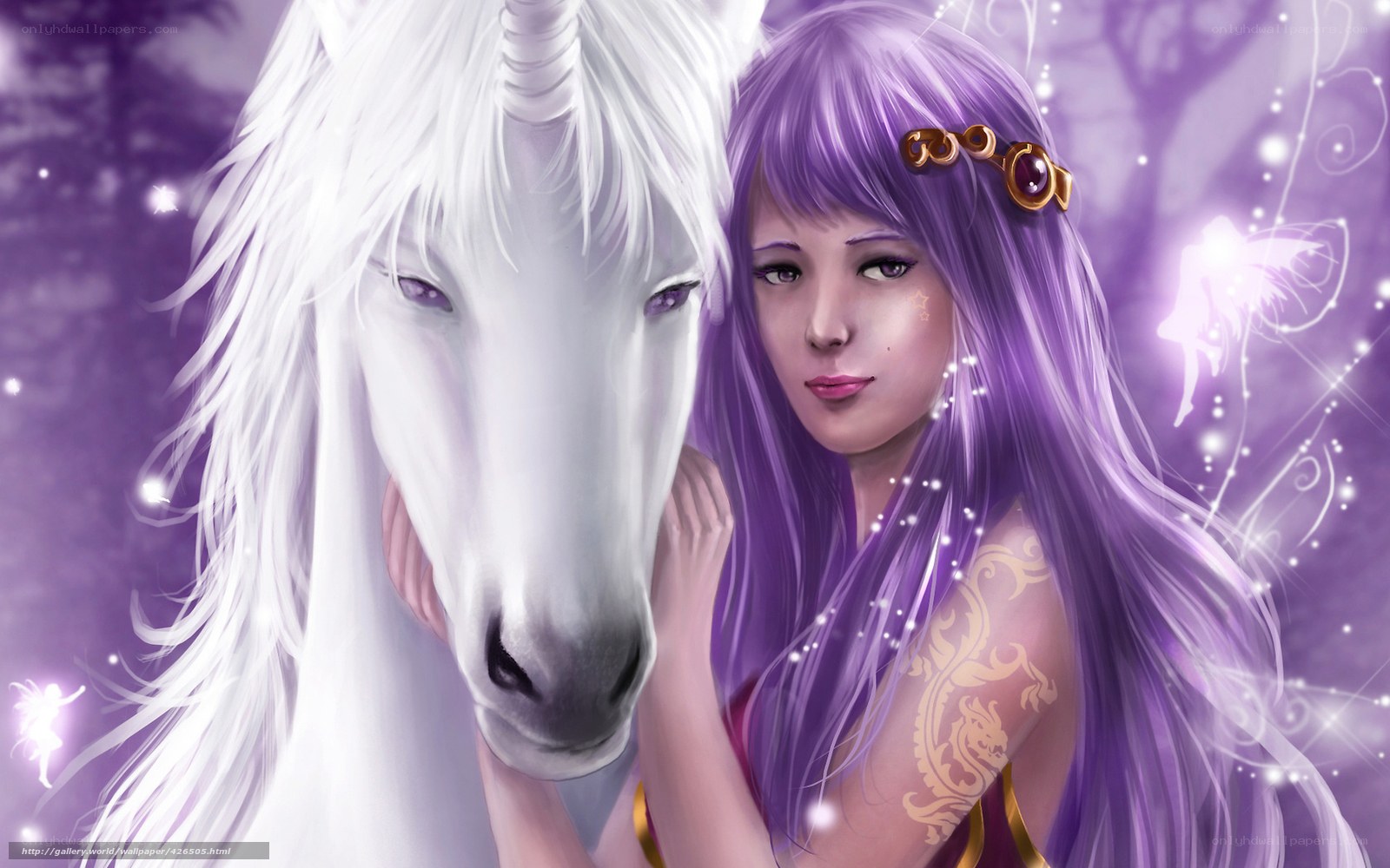 woman with purple hair and unicorn