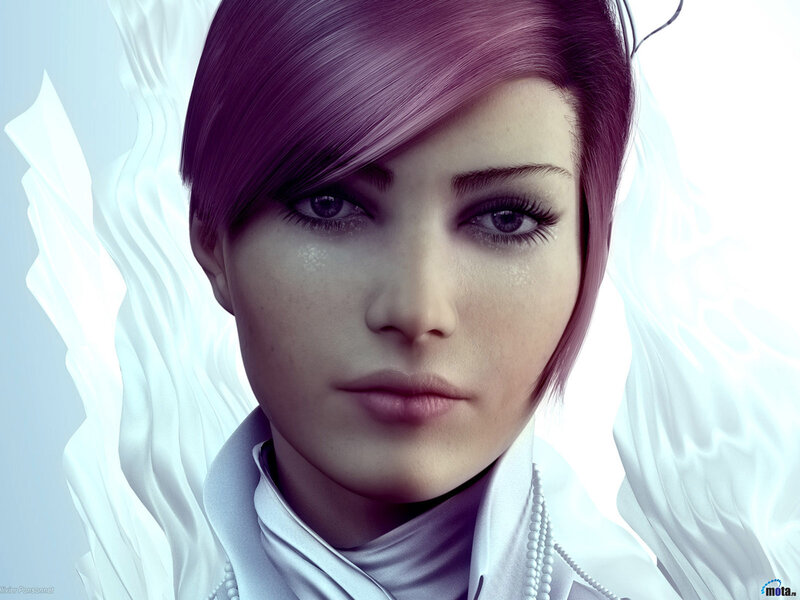 woman with purple hair and white wings