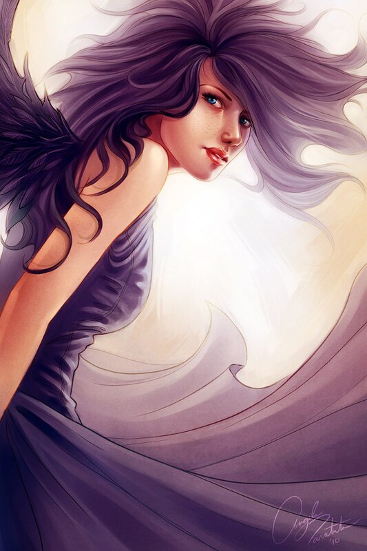 woman with purple hair and wings