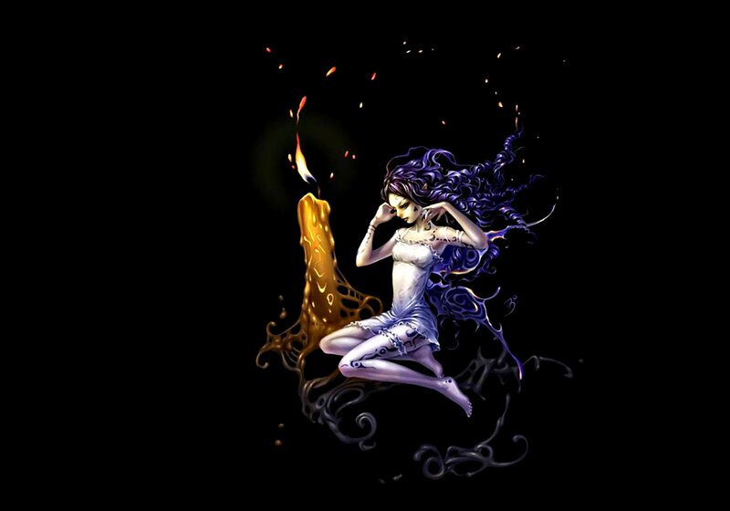 Woman with Purple Hair — Black, Dramatic, Night, Digital Art