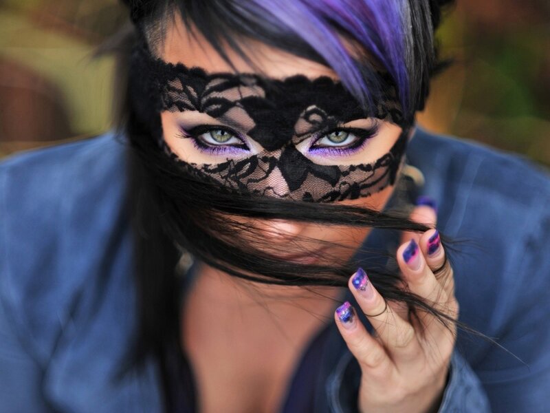 Woman with Purple Hair — Black, Dramatic, Photograph, Lace Mask, Purple Nail Polish