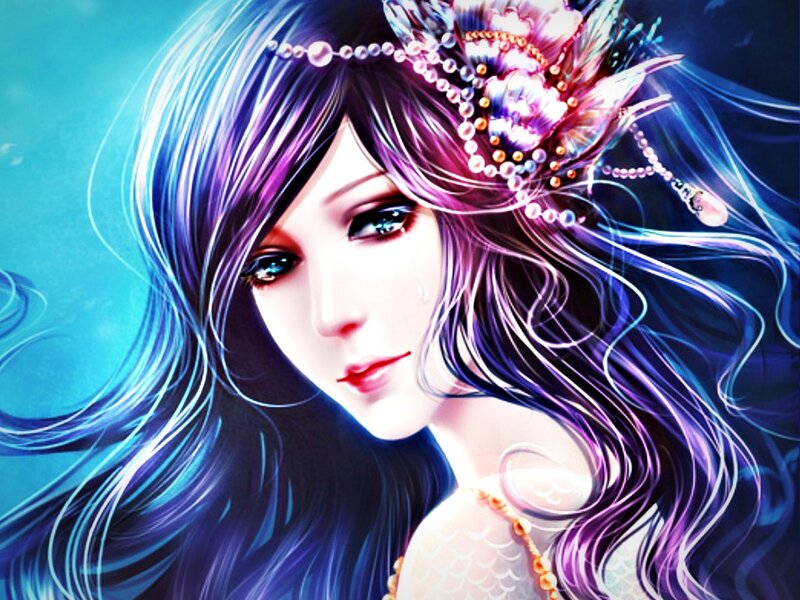 Woman with Purple Hair — Blue, Dramatic, Digital Art, Tear