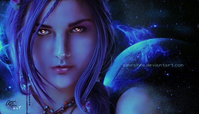 Woman with Purple Hair — Blue, Dramatic, Night, Digital Art, Planet