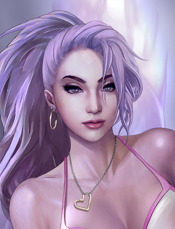 Woman with Purple Hair — Calm, Digital Art, Heart Necklace