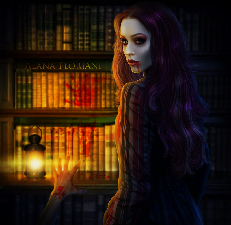 Woman with Purple Hair — Dark, Night, Digital Art, Bookshelf