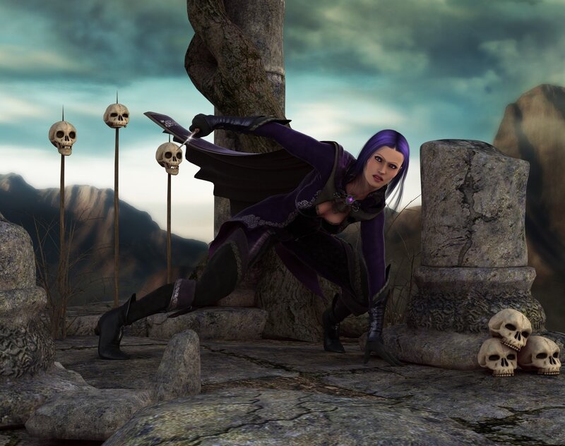 Woman with Purple Hair — Dramatic, 3d Render, Skulls