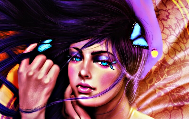 Woman with Purple Hair — Dramatic, Digital Art, Butterflies