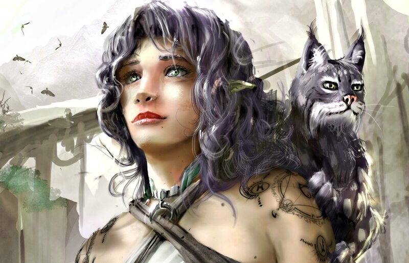 Woman with Purple Hair — Dramatic, Digital Art, Cat, Tattoos
