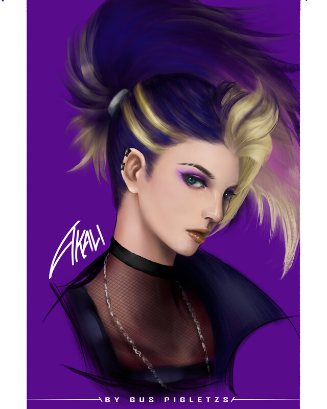 Woman with Purple Hair — Dramatic, Digital Art, Choker, Fishnet Top