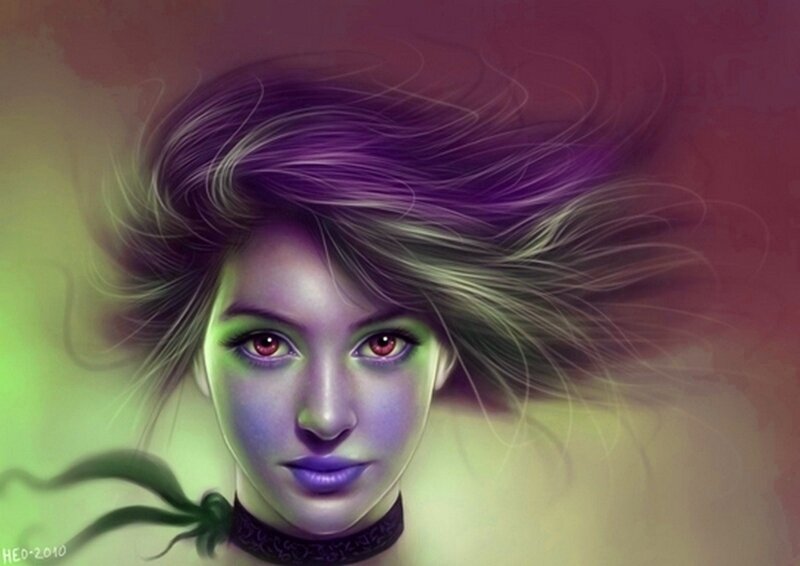 Woman with Purple Hair — Dramatic, Digital Art, Choker