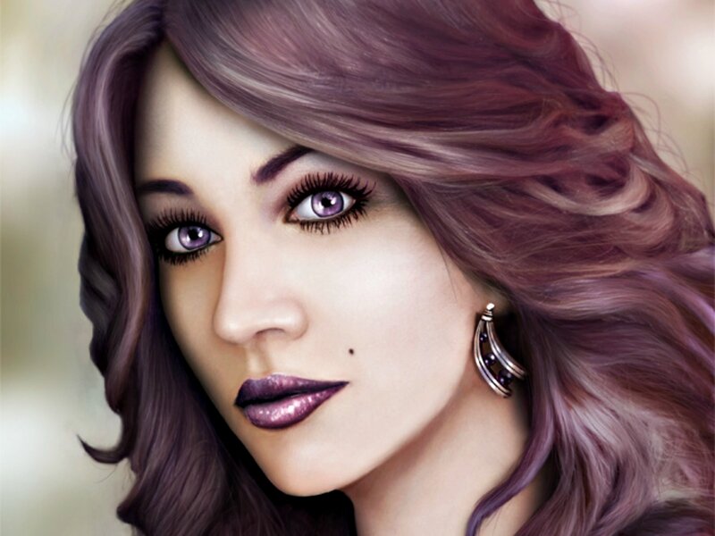 Woman with Purple Hair — Dramatic, Digital Art, Earring, Lipstick
