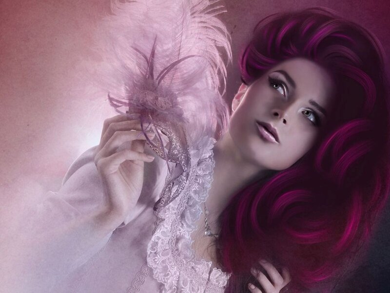 Woman with Purple Hair — Dramatic, Digital Art, Feather Mask