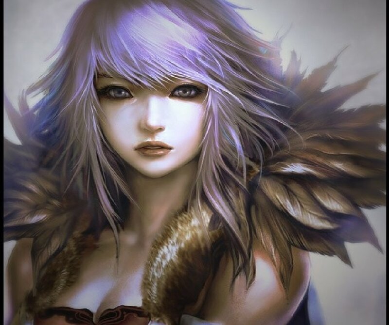 Woman with Purple Hair — Dramatic, Digital Art, Feathered Collar