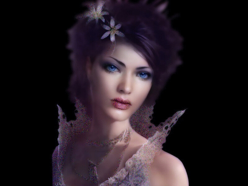 Woman with Purple Hair — Dramatic, Digital Art, Flowers