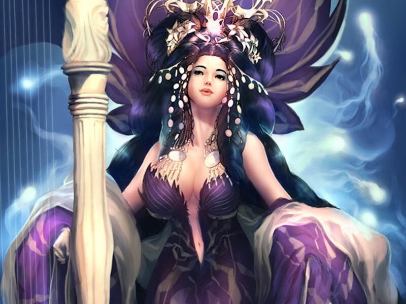 Woman with Purple Hair — Dramatic, Digital Art, Harp