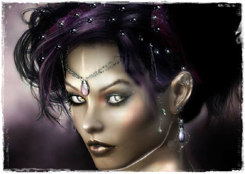 Woman with Purple Hair — Dramatic, Digital Art, Jewelry