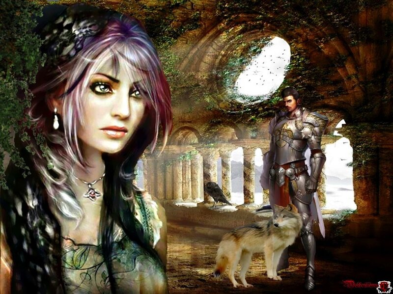 Woman with Purple Hair — Dramatic, Digital Art, Man in Armor