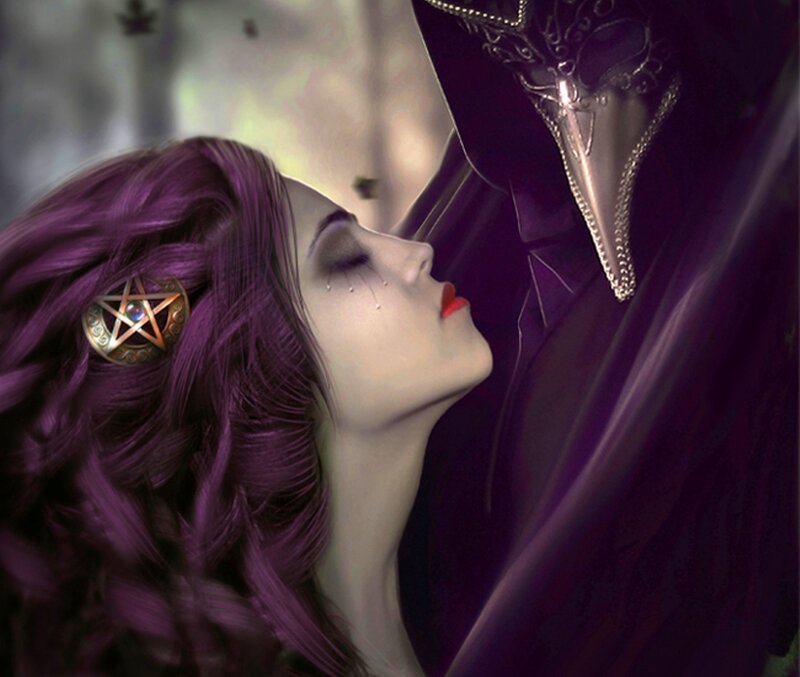 Woman with Purple Hair — Dramatic, Digital Art, Mask, Pentagram