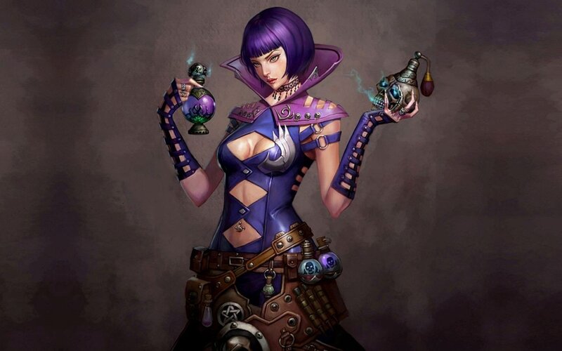 Woman with Purple Hair — Dramatic, Digital Art, Potion Bottles, Skull Flask