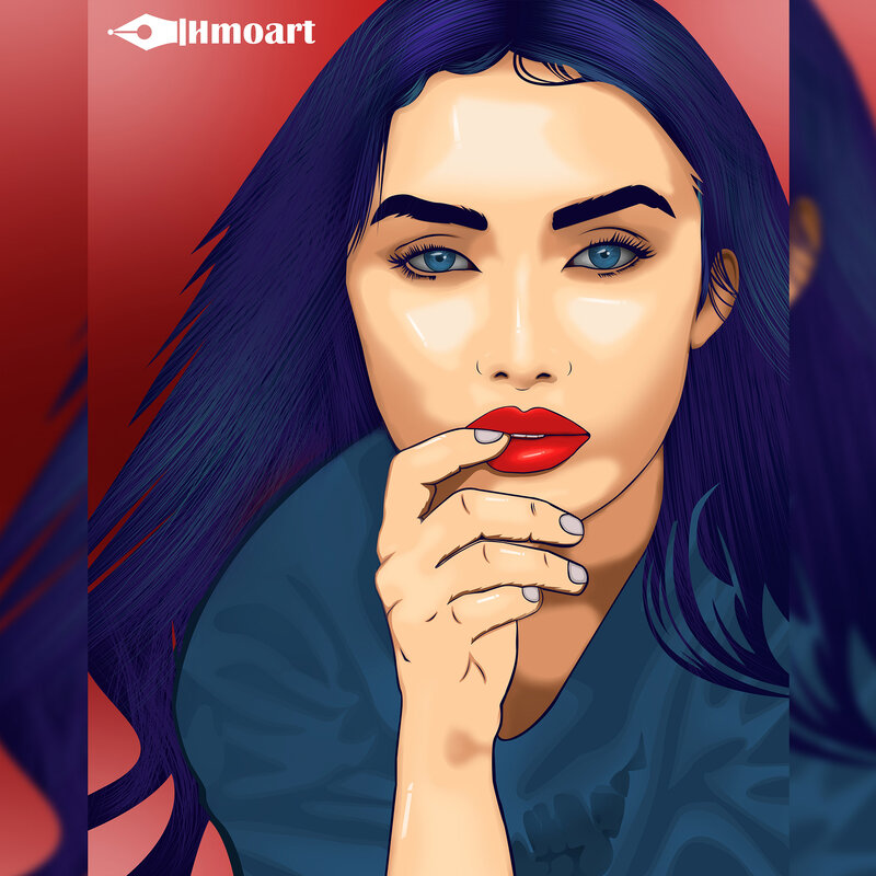 Woman with Purple Hair — Dramatic, Digital Art, Red Lipstick
