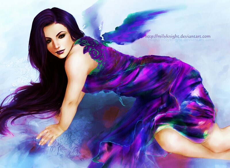 Woman with Purple Hair — Dramatic, Digital Art, Wings