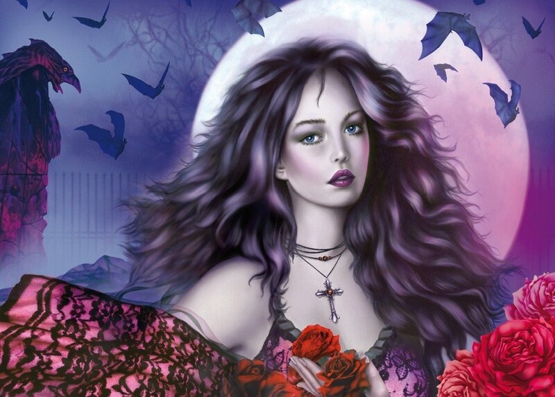 Woman with Purple Hair — Dramatic, Night, Digital Art, Bats