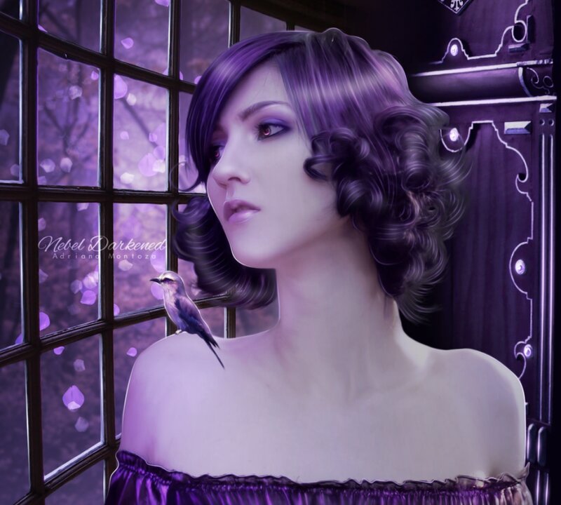 Woman with Purple Hair — Dramatic, Night, Digital Art, Bird