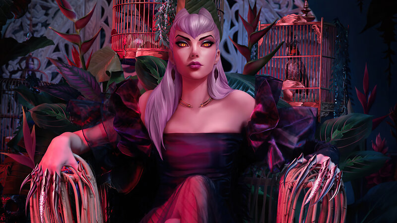 Woman with Purple Hair — Dramatic, Night, Digital Art, Birdcages